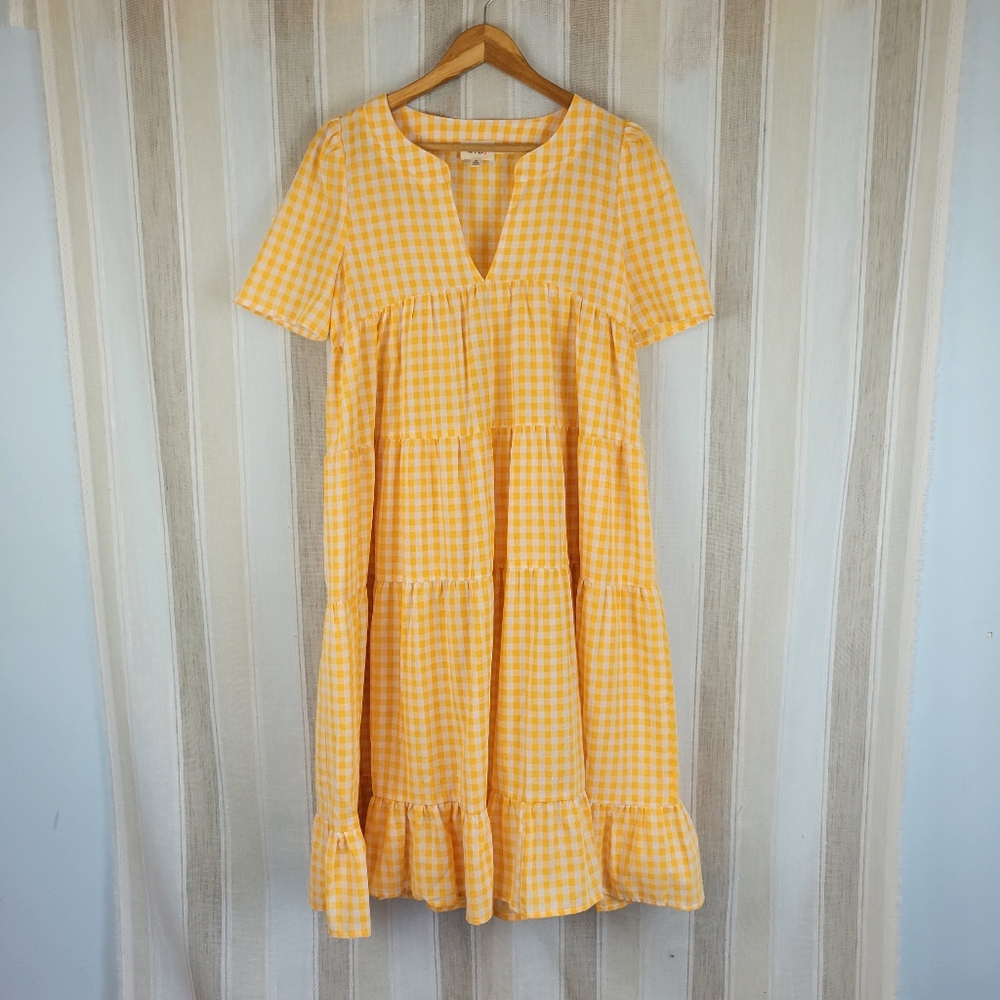 Bibi Gingham Maxi Dress Yellow White Size Medium Cotton Blend Oversized Prairie - Picture 1 of 9